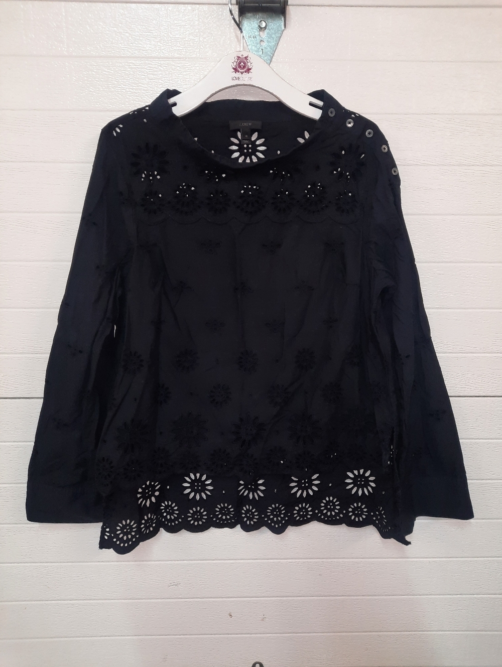 J. Crew Women's Black Eyelet Long-Sleeve Top